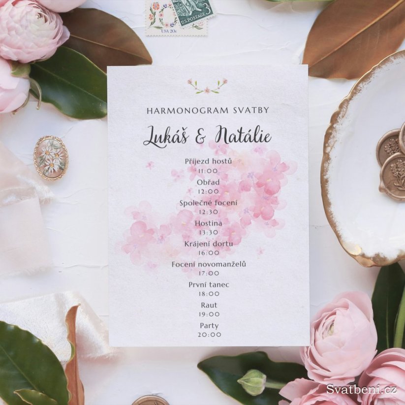 Harmonogram svatby - Růžové pozadí